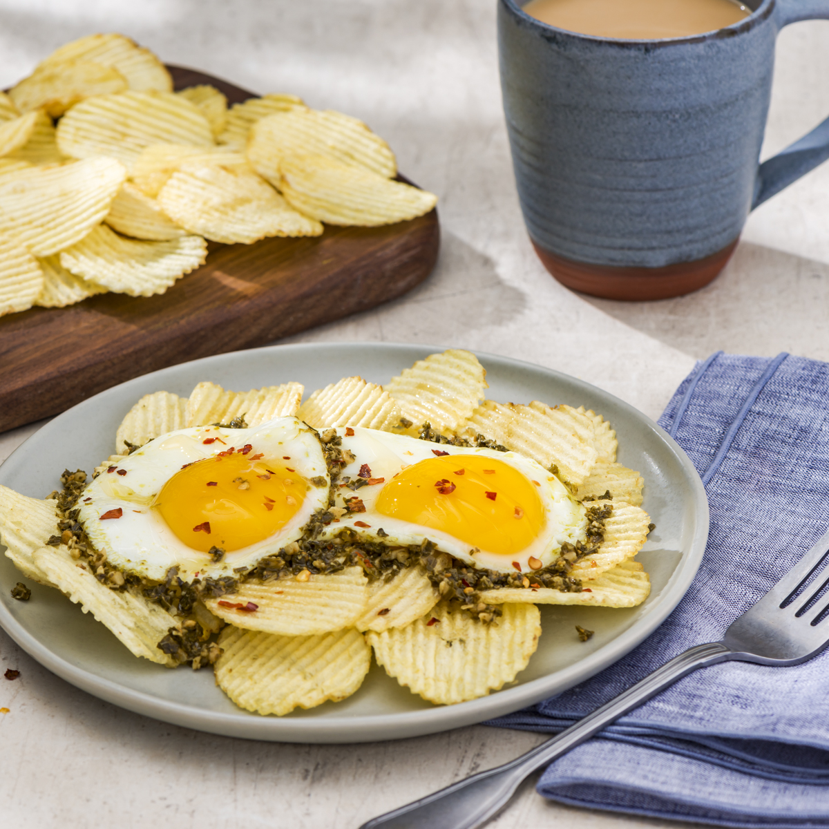 Spicy Pesto Eggs on RUFFLES® Original Potato Chips Ruffles